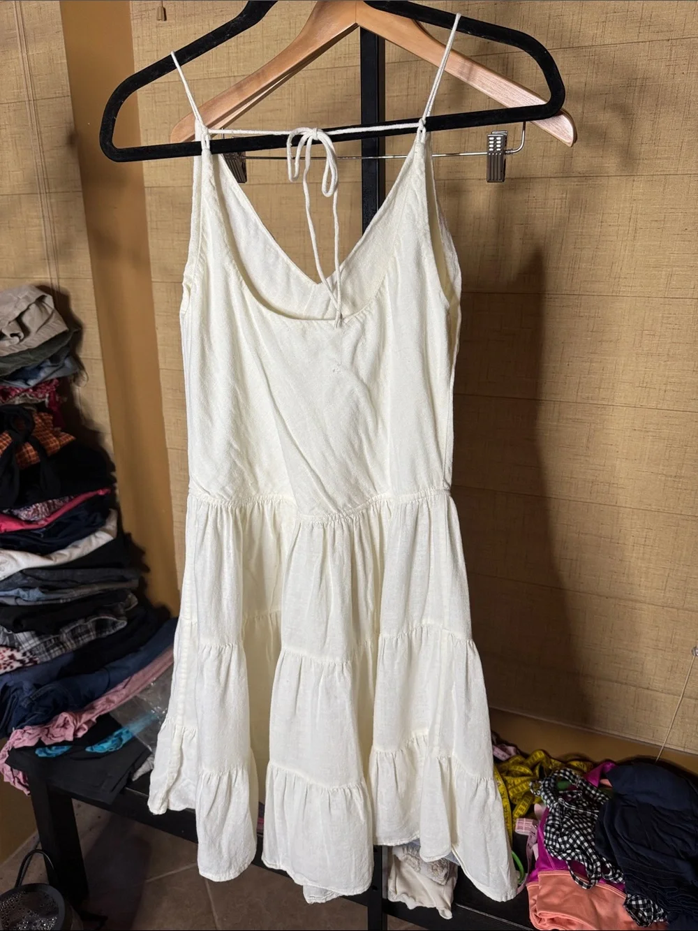 Free People Intimately Ivory Linen Blend Tiered Mini Dress Medium Cottagecore